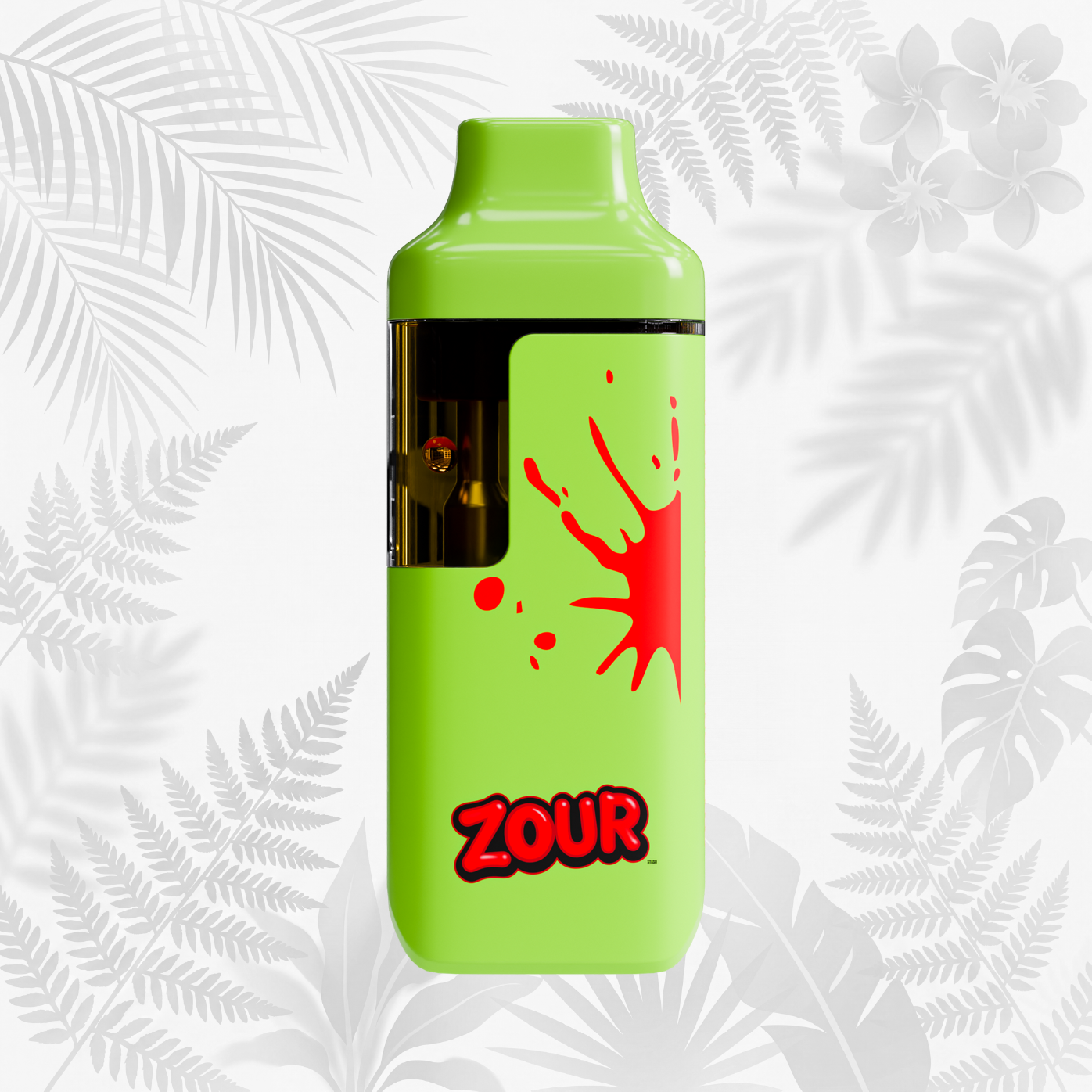 A bright lime green vape device with a red blood splatter graphic and the word 'ZOUR' in red and black, shown on a light gray background with diagonal graphic stripes.