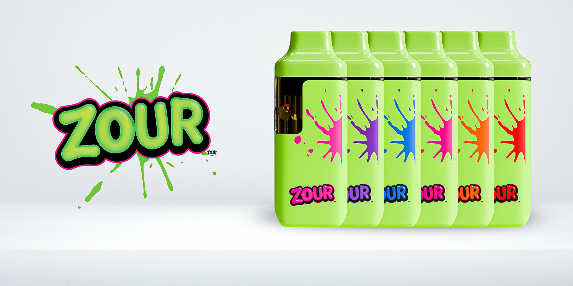 Five bright lime green disposable vape devices with colorful paint splatter graphics and the brand name 'ZOUR' printed on them, shown against a light gray gradient background with a large 'ZOUR' logo on the left.