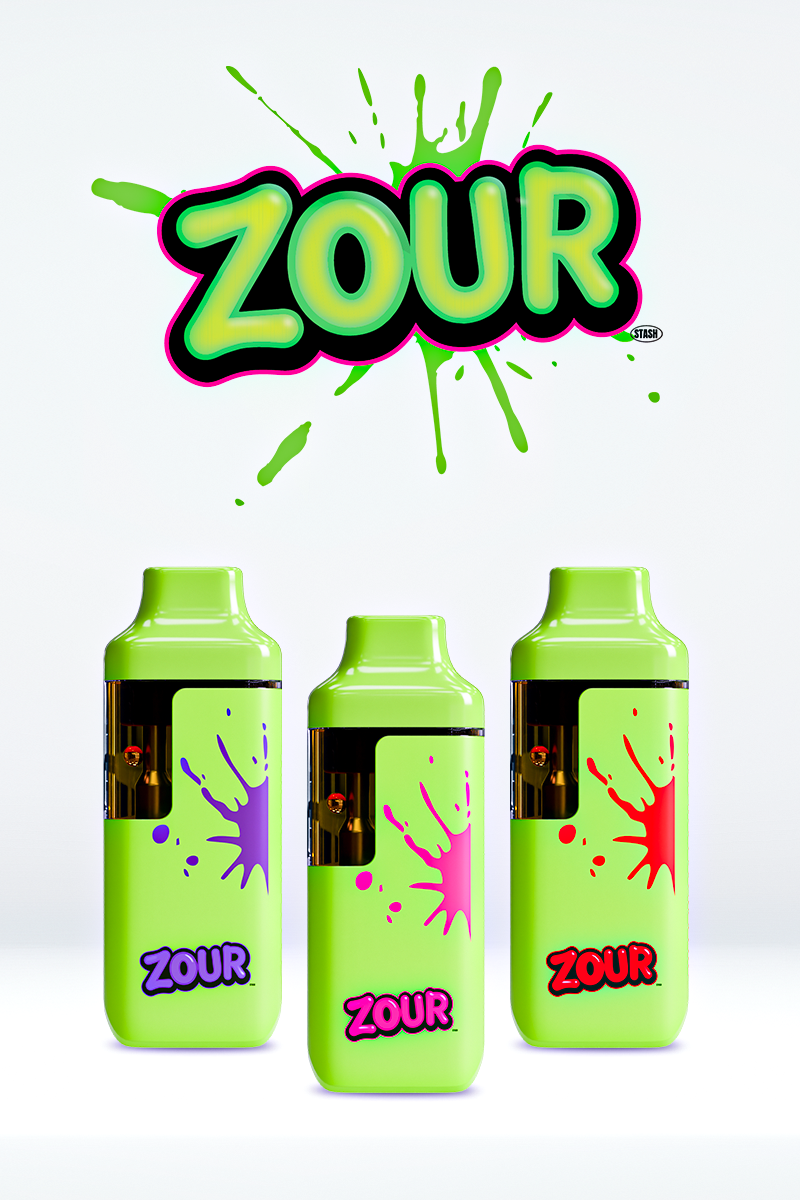 Three bright lime green ZOUR vape devices with colorful paint splatter graphics and the ZOUR logo, displayed against a clean white background.