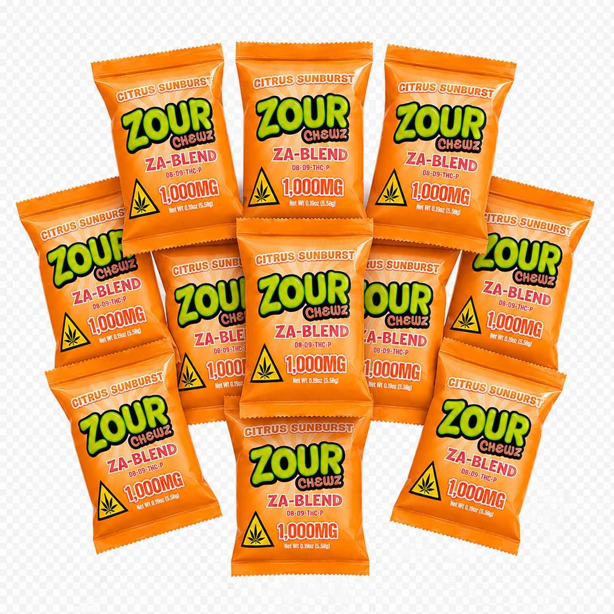 10  Zour Chewz Za-Blend citrus sunburst candy packets arranged in a fan shape on a white background with a faint gray grid pattern.