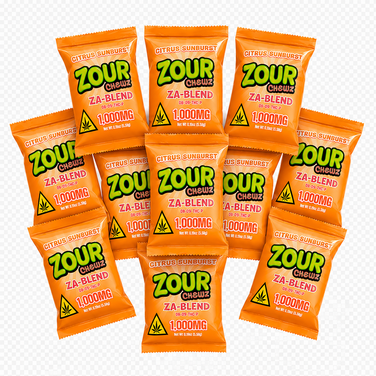 10  Zour Chewz Za-Blend citrus sunburst candy packets arranged in a fan shape on a white background with a faint gray grid pattern.