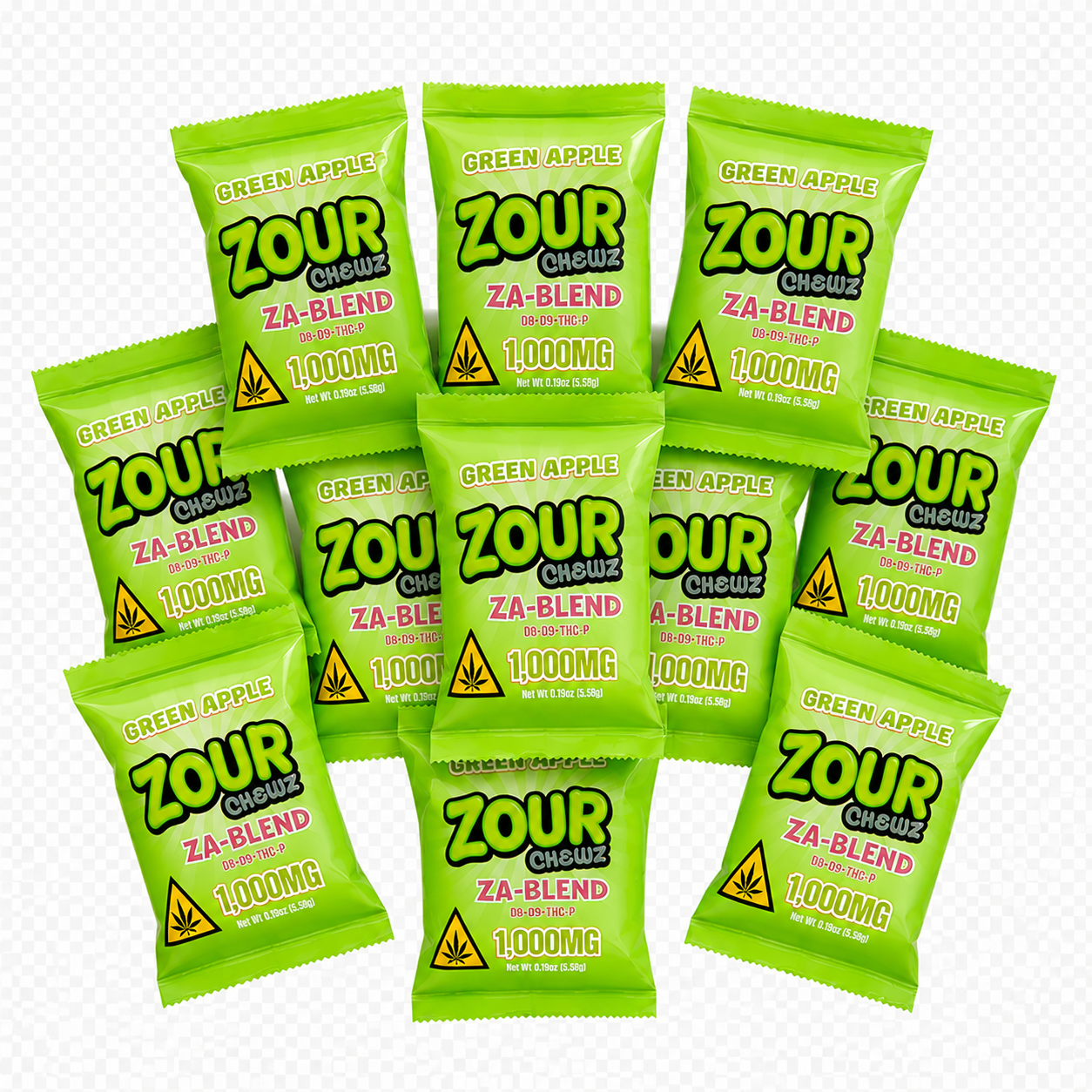 Nine bright green Zour Chewz 'Green Apple' Za-Blend 1000mg snack packets arranged in a cluster on a white background with a faint gray grid.