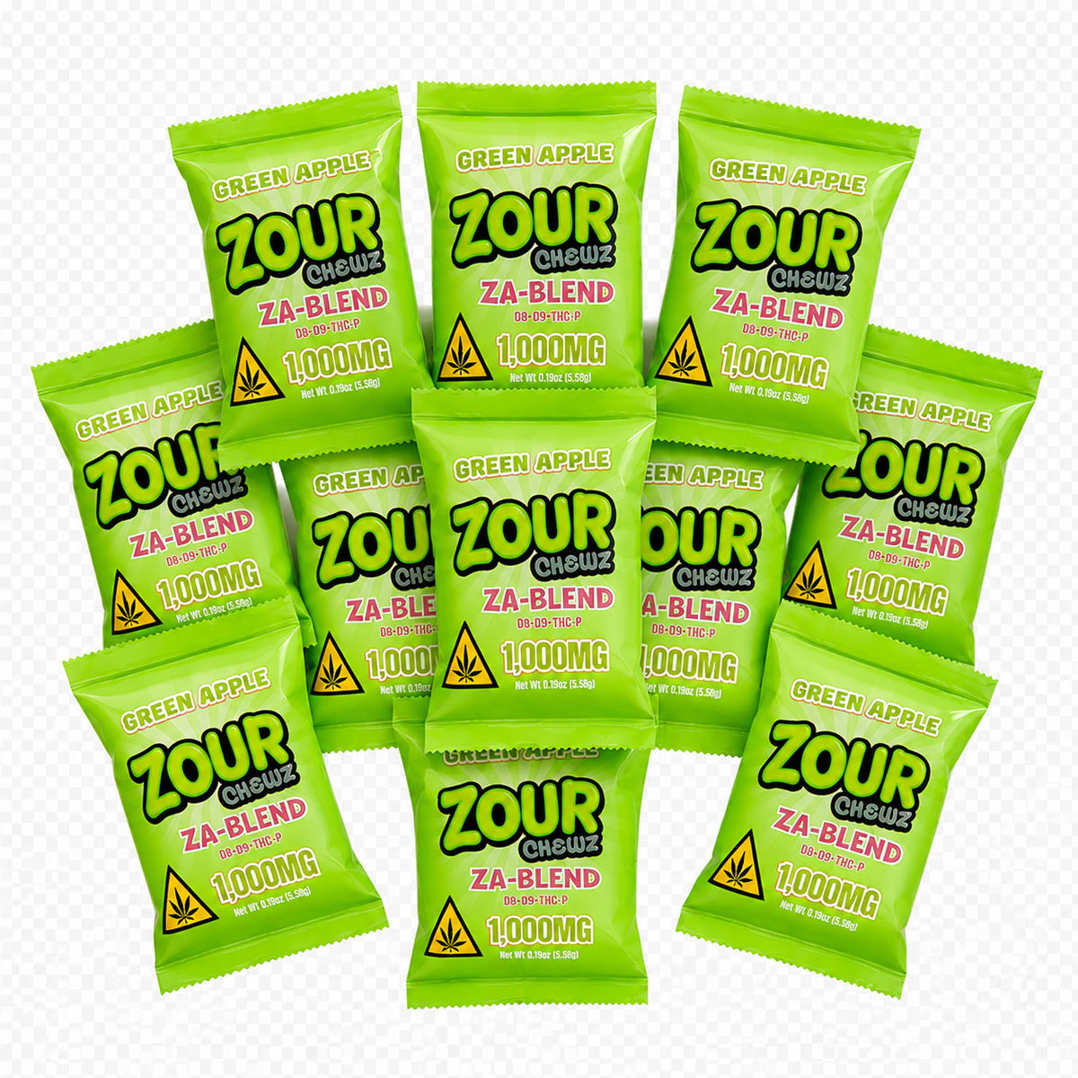 Nine bright green Zour Chewz 'Green Apple' Za-Blend 1000mg snack packets arranged in a cluster on a white background with a faint gray grid.
