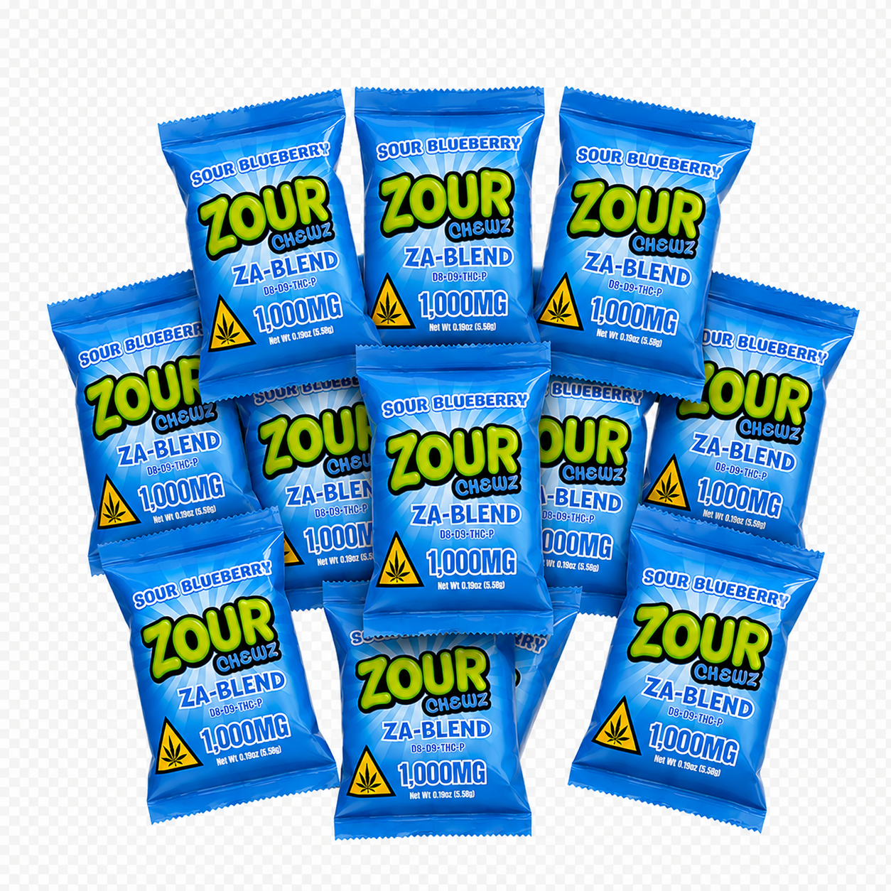 Ten Sour blueberry Zour Chewz Za-Blend sour blueberry candy bars arranged in a fan-like cluster on a white background with a subtle gray grid pattern.