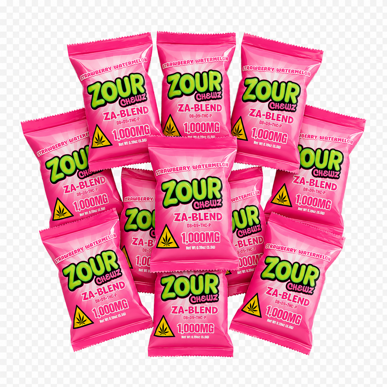 A cluster of pink ZOUR Chews Za-Blend strawberry watermelon gummy candies, arranged on a transparent/white checkered background.